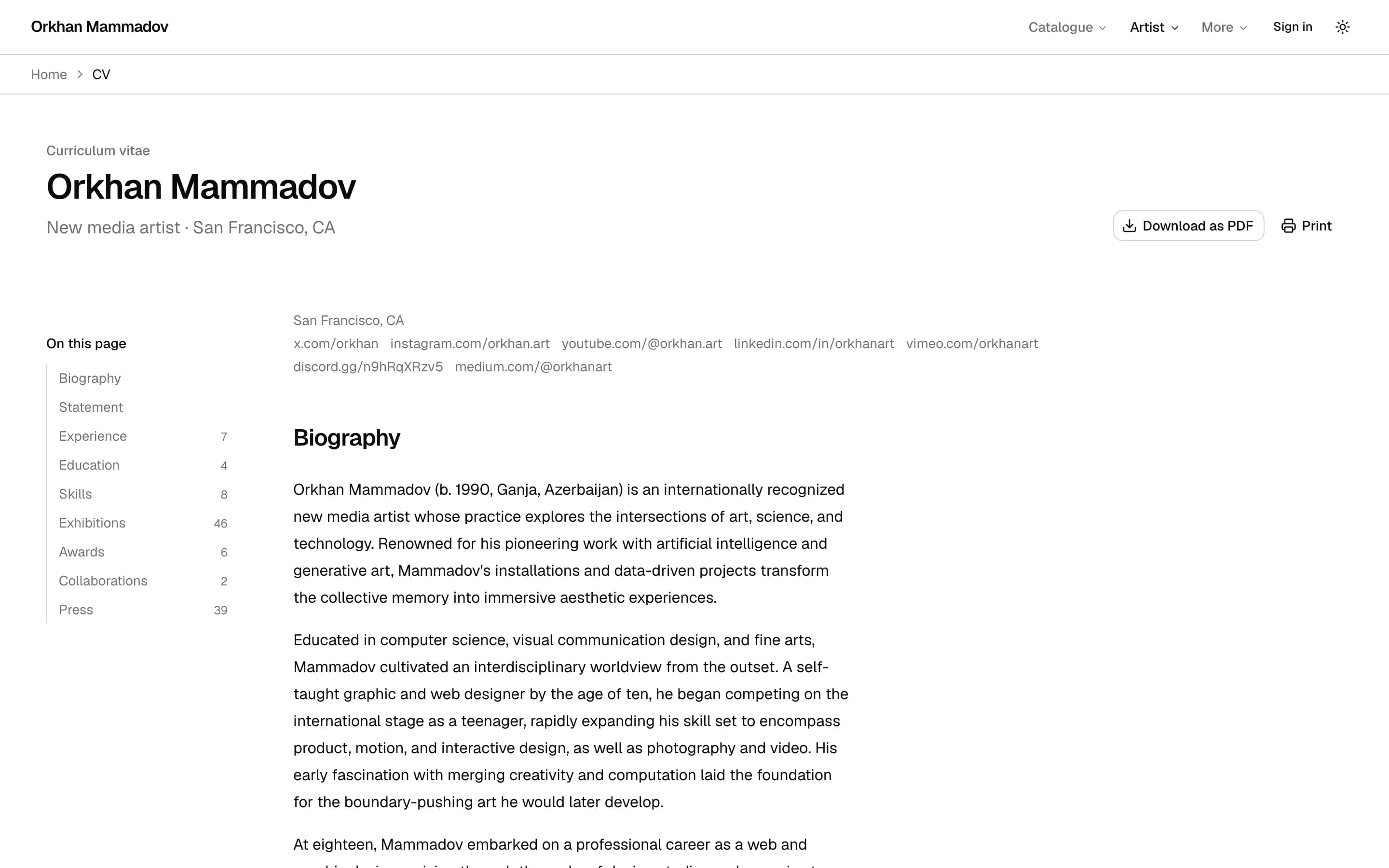 The CV page of a Raisonné catalogue