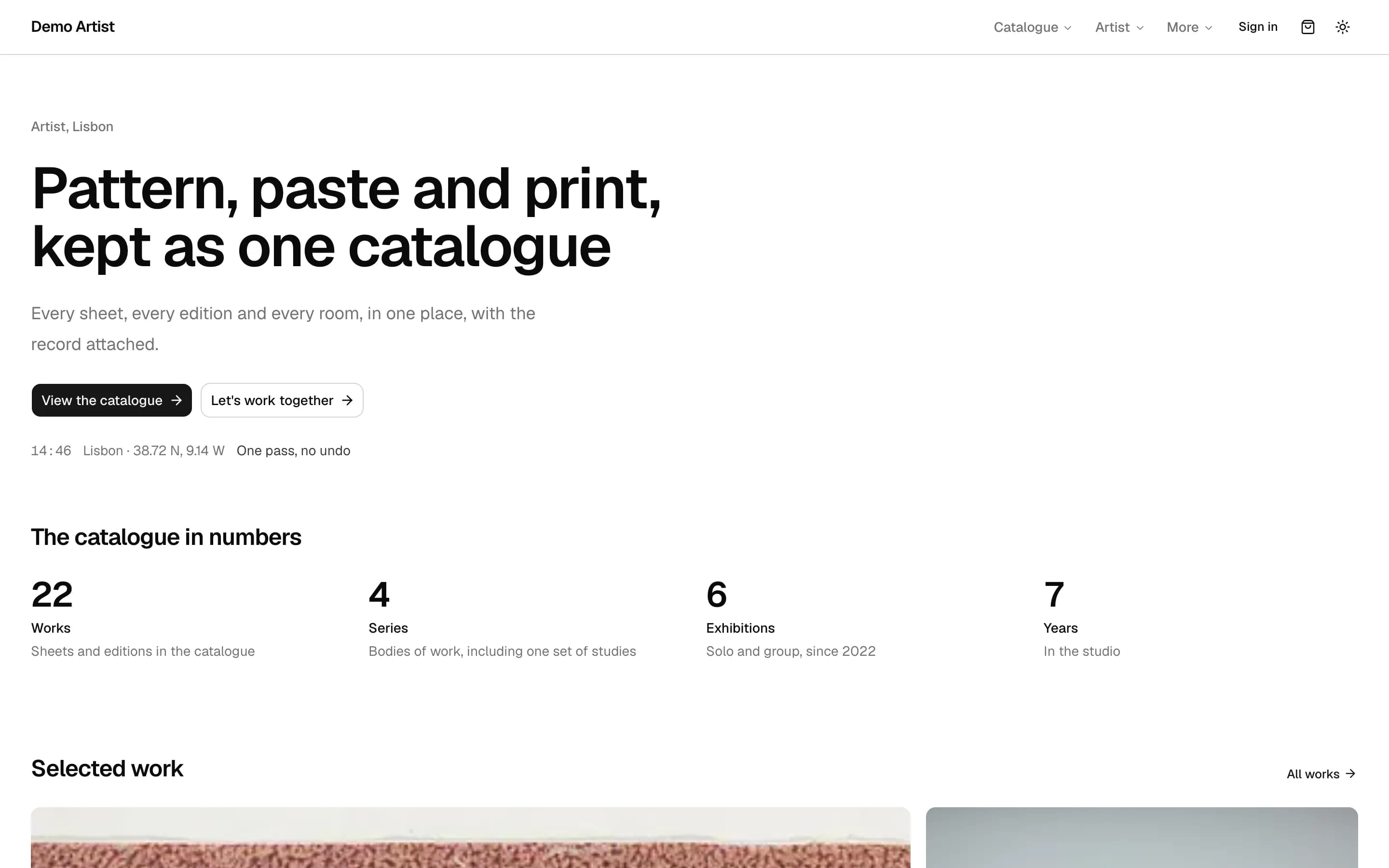 Demo Artist, catalogue home page